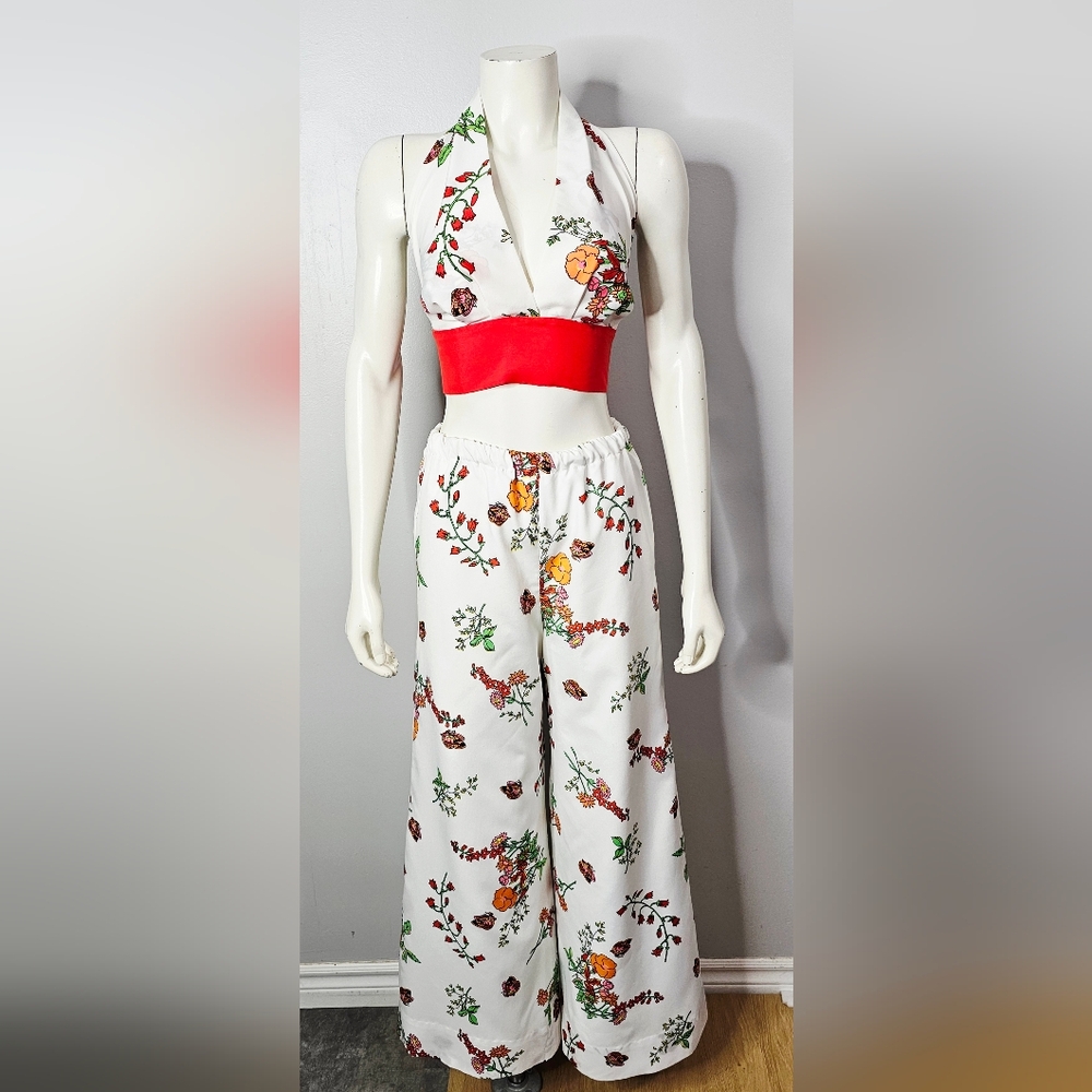 Vintage Two Piece Matching Set Halter Top And Pants Butterfly Floral Size Medium